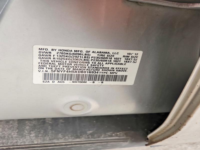 2013 Honda Pilot მანქანა იყიდება აუქციონზე, vin: 5FNYF4H5XDB016934, აუქციონის ნომერი: 61419126