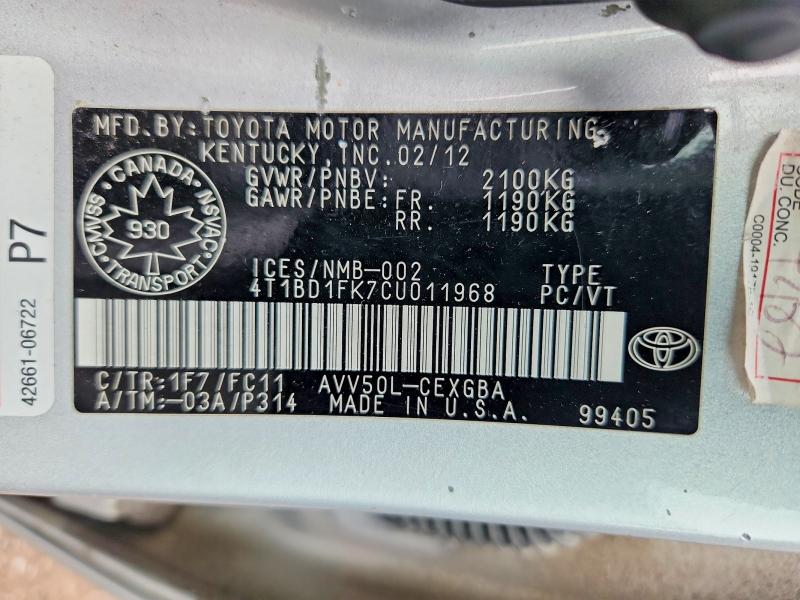 Aukcja sprzedaży 2012 Toyota Camry Hybrid, vin: 4T1BD1FK7CU011968, numer aukcji: 61222196