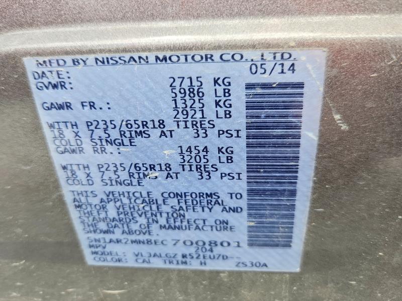 Продаж на аукціоні авто 2014 Nissan Pathfinder, vin: 5N1AR2MN8EC700801, номер лоту: 62899276