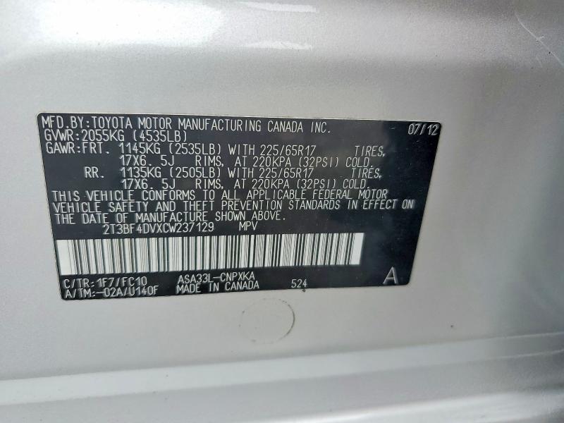 Aukcja sprzedaży 2012 Toyota Rav4, vin: 2T3BF4DVXCW237129, numer aukcji: 60686646