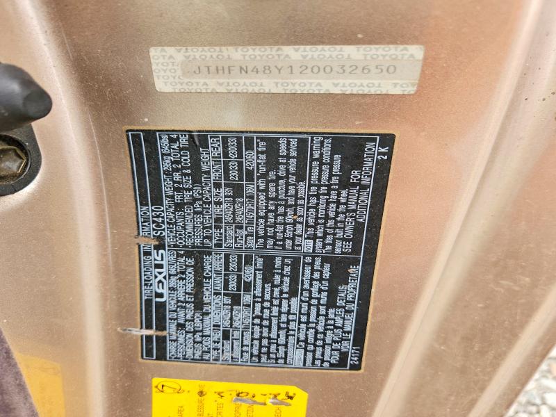 Aukcja sprzedaży 2002 Lexus Sc, vin: JTHFN48Y120032650, numer aukcji: 61955556