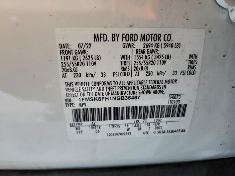 2022 Ford Explorer მანქანა იყიდება აუქციონზე, vin: 1FMSK8FH1NGB36467, აუქციონის ნომერი: 59399686