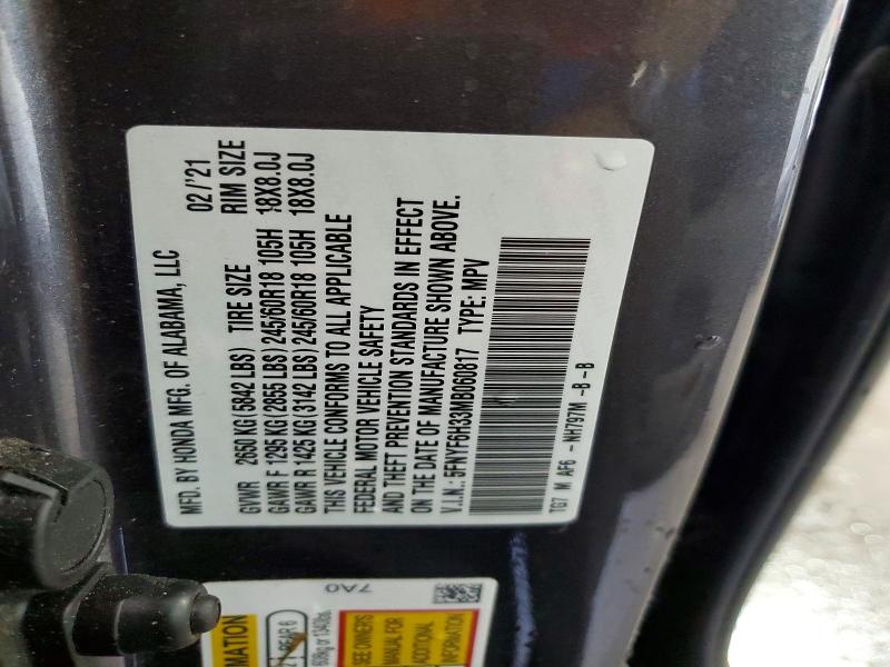 60641866 :رقم المزاد ، 5FNYF6H33MB060817 vin ، 2021 Honda Pilot مزاد بيع