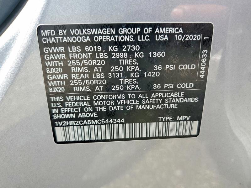 62789006 :رقم المزاد ، 1V2HR2CA5MC544344 vin ، 2021 Volkswagen Atlas مزاد بيع