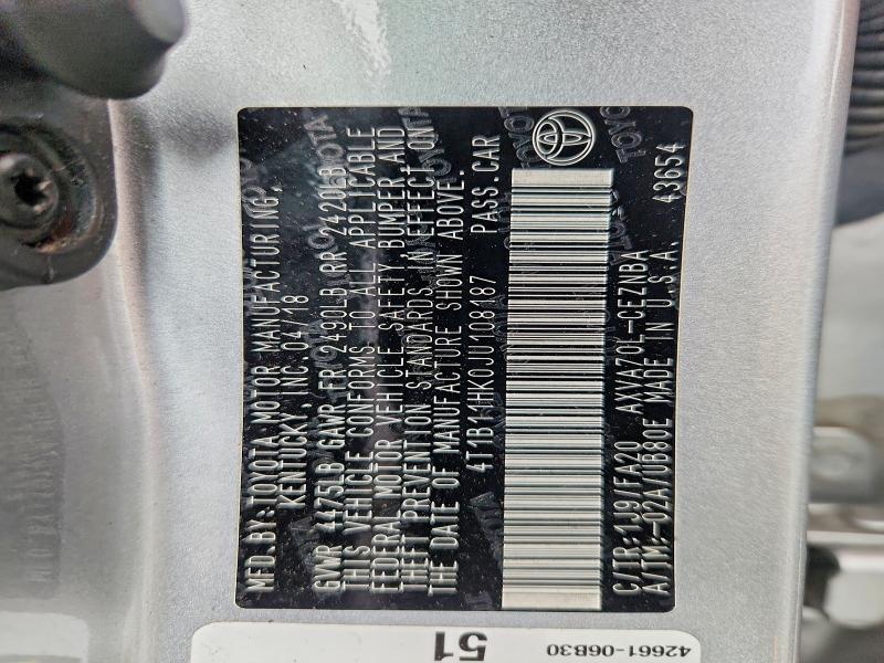 Продаж на аукціоні авто 2018 Toyota Camry, vin: 4T1B11HK0JU108187, номер лоту: 61488126
