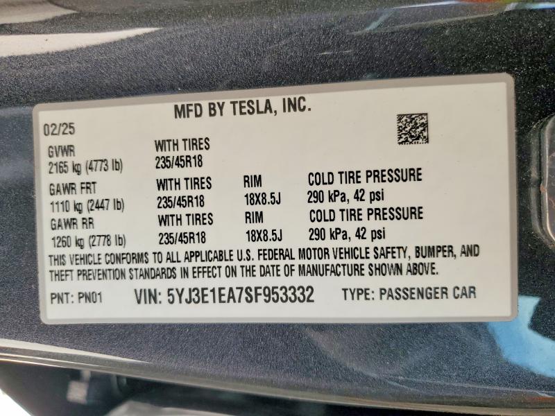 Продажа на аукционе авто 2025 Tesla Model 3, vin: 5YJ3E1EA7SF953332, номер лота: 57668016