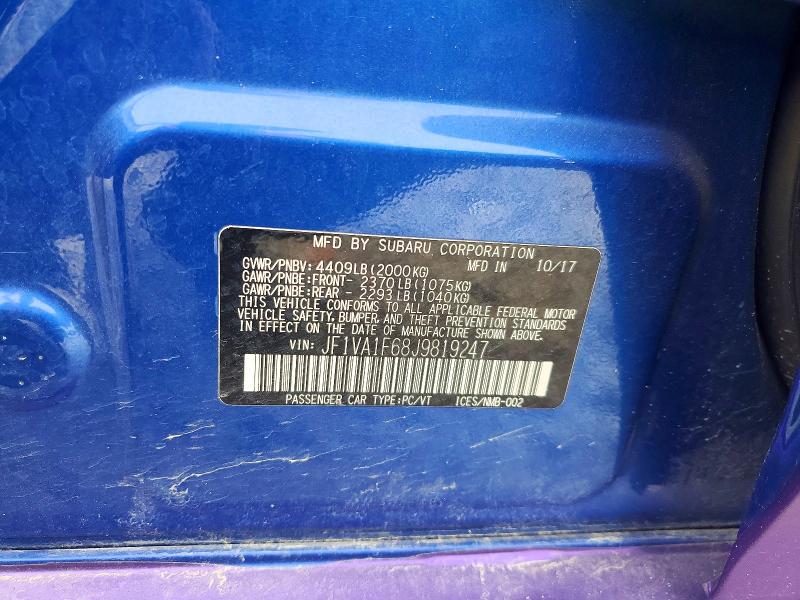 2018 Subaru Wrx მანქანა იყიდება აუქციონზე, vin: JF1VA1F68J9819247, აუქციონის ნომერი: 63045206