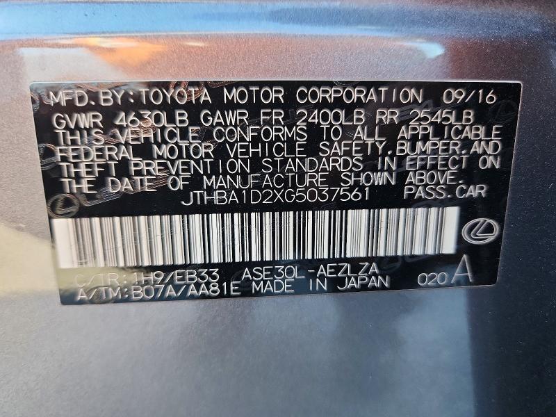 Aukcja sprzedaży 2016 Lexus Is, vin: JTHBA1D2XG5037561, numer aukcji: 59390176