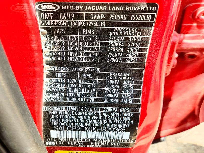 62748376 :رقم المزاد ، SALCP2FX0KH829365 vin ، 2019 Land Rover Discovery Sport مزاد بيع