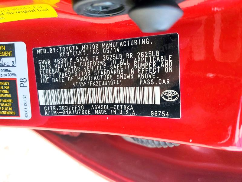62768526 :رقم المزاد ، 4T1BF1FK2EU819741 vin ، 2014 Toyota Camry مزاد بيع