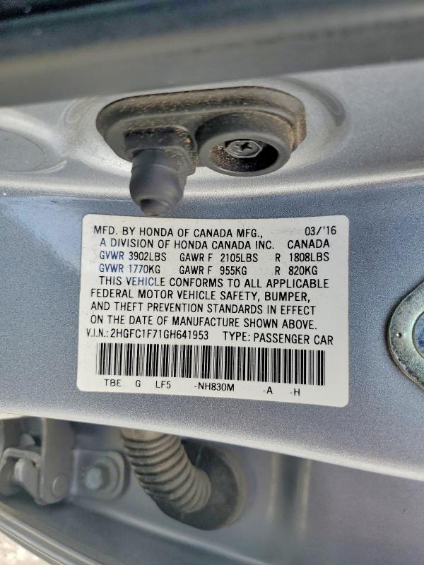 60613886 :رقم المزاد ، 2HGFC1F71GH641953 vin ، 2016 Honda Civic مزاد بيع