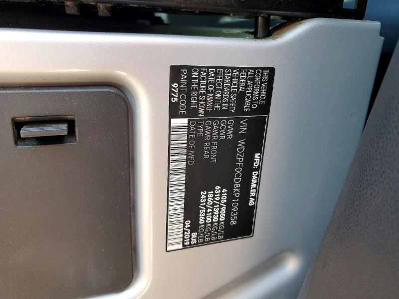 60254246 :رقم المزاد ، WDZPF0CD8KP109358 vin ، 2019 Mercedes-benz Sprinter مزاد بيع
