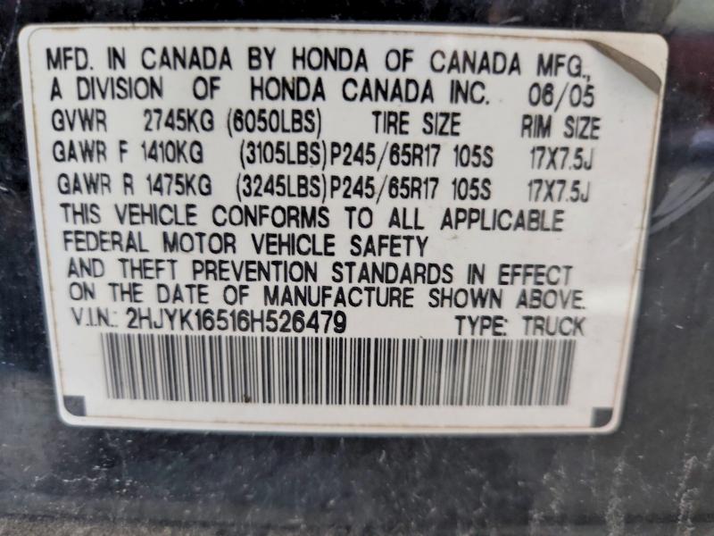 Aukcja sprzedaży 2006 Honda Ridgeline, vin: 2HJYK16516H526479, numer aukcji: 60146616