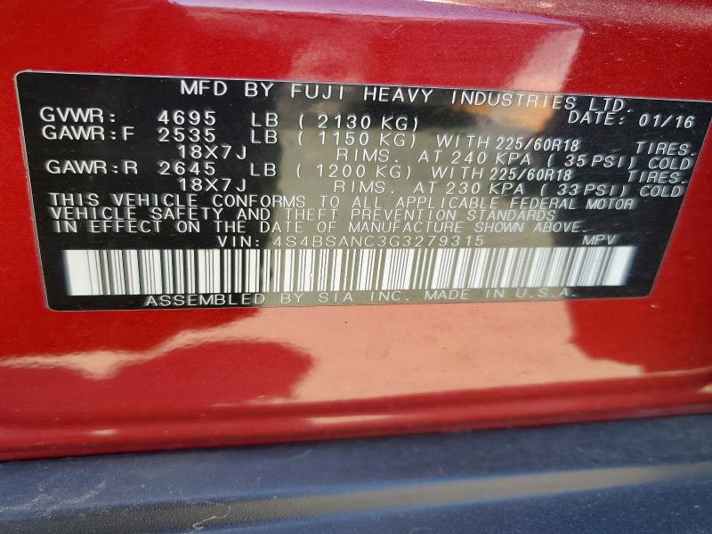 60520236 :رقم المزاد ، 4S4BSANC3G3279315 vin ، 2016 Subaru Outback مزاد بيع