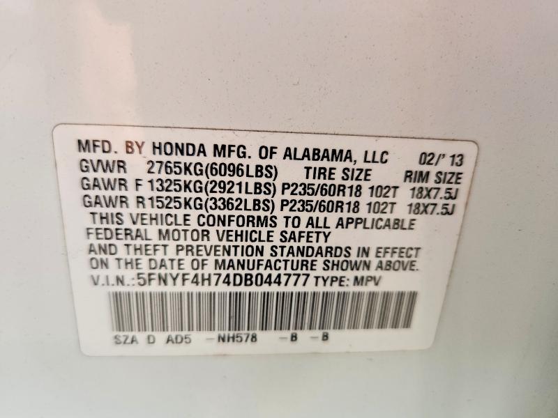60593586 :رقم المزاد ، 5FNYF4H74DB044777 vin ، 2013 Honda Pilot مزاد بيع