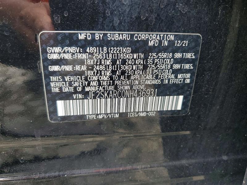 Продаж на аукціоні авто 2022 Subaru Forester, vin: JF2SKARC0NH436931, номер лоту: 60057576