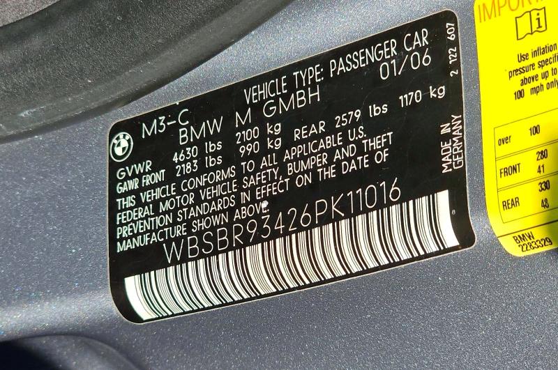61739806 :رقم المزاد ، WBSBR93426PK11016 vin ، 2006 Bmw M3 مزاد بيع