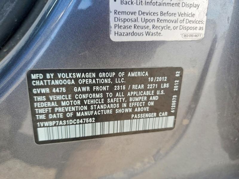 Продаж на аукціоні авто 2013 Volkswagen Passat, vin: 1VWBP7A31DC047562, номер лоту: 58917326