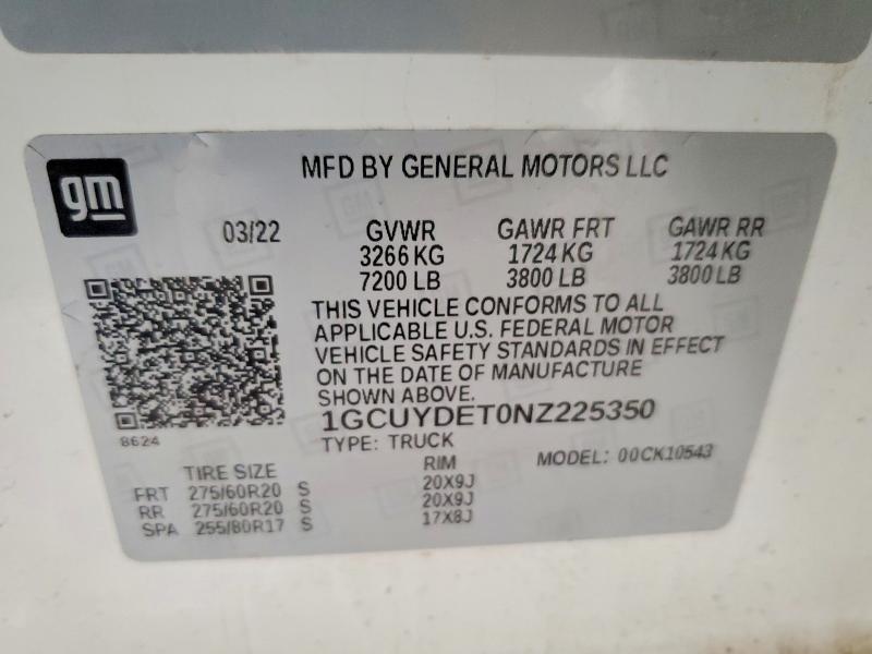 2022 Chevrolet Silverado Ltd მანქანა იყიდება აუქციონზე, vin: 1GCUYDET0NZ225350, აუქციონის ნომერი: 59859356