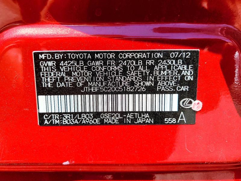 61743716 :رقم المزاد ، JTHBF5C20C5182726 vin ، 2012 Lexus Is 250 مزاد بيع