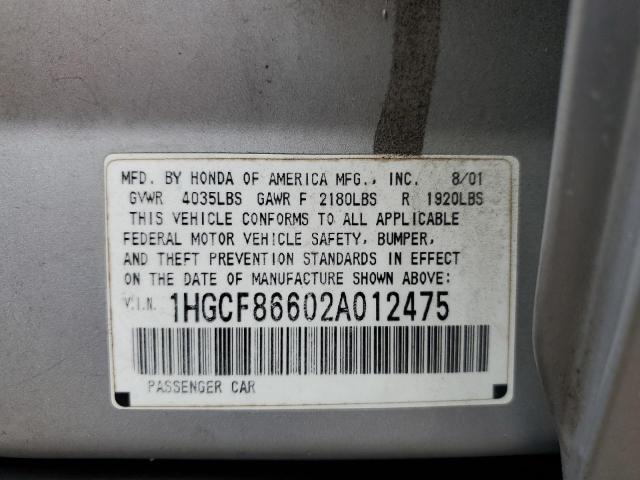 Aukcja sprzedaży 2002 Honda Accord Value, vin: 1HGCF86602A012475, numer aukcji: 62928243