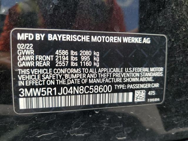 Aukcja sprzedaży 2022 Bmw 330i, vin: 3MW5R1J04N8C58600, numer aukcji: 64436323