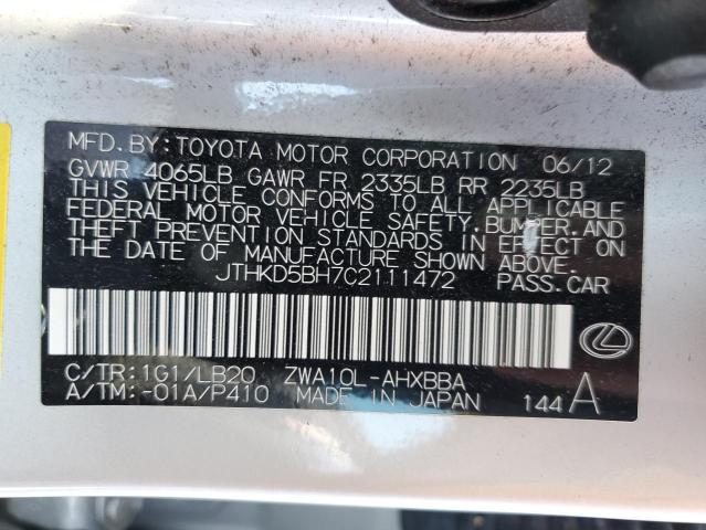 63662483 :رقم المزاد ، JTHKD5BH7C2111472 vin ، 2012 Lexus Ct 200 مزاد بيع