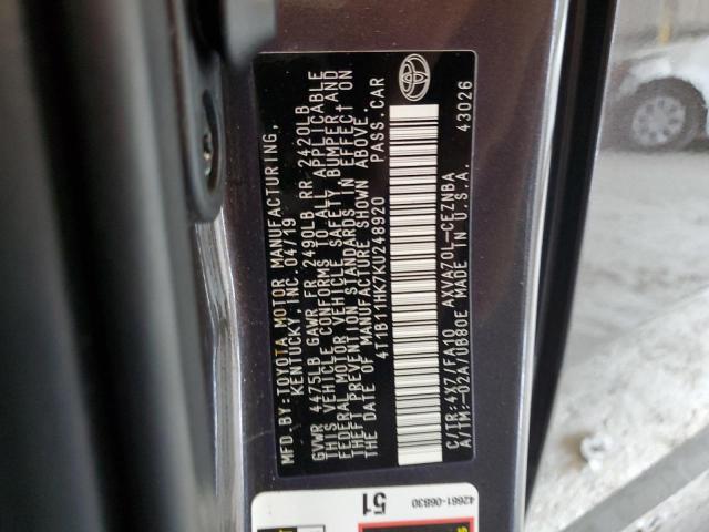66256323 :رقم المزاد ، 4T1B11HK7KU248920 vin ، 2019 Toyota Camry L مزاد بيع