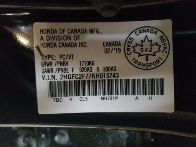 Продаж на аукціоні авто 2019 Honda Civic, vin: 2HGFC2F77KH015743, номер лоту: 63928193