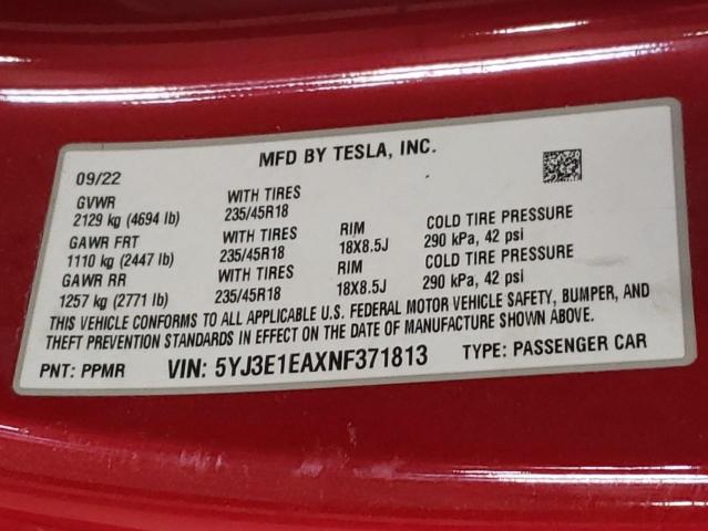 2022 Tesla Model 3 მანქანა იყიდება აუქციონზე, vin: 5YJ3E1EAXNF371813, აუქციონის ნომერი: 64261263