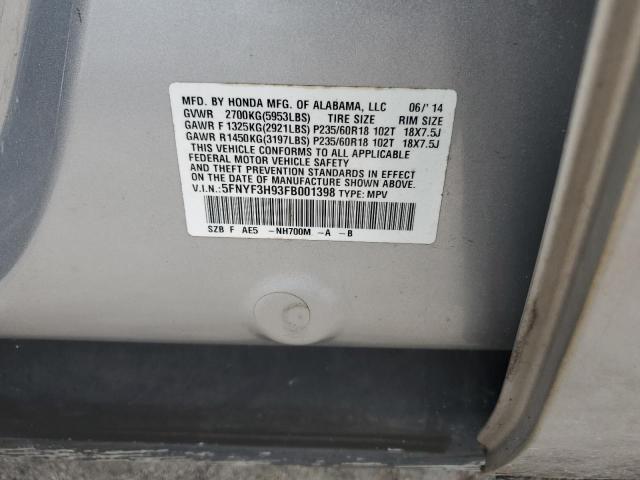 2015 Honda Pilot Touring მანქანა იყიდება აუქციონზე, vin: 5FNYF3H93FB001398, აუქციონის ნომერი: 62836083