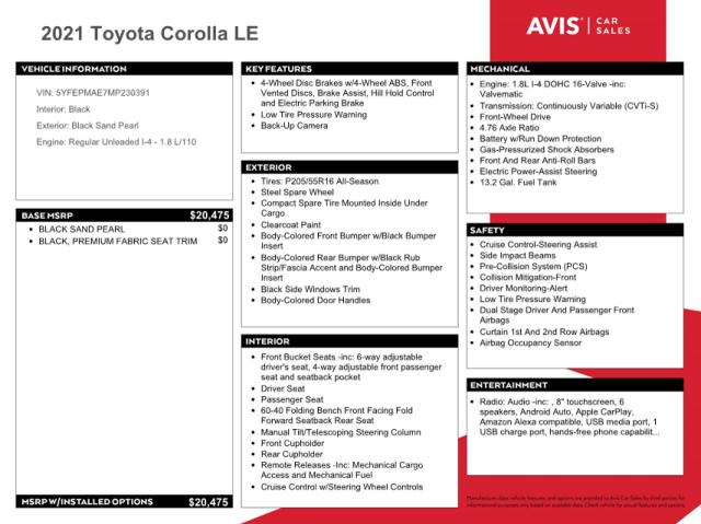 Aukcja sprzedaży 2021 Toyota Corolla Le, vin: 5YFEPMAE7MP230391, numer aukcji: 66356083