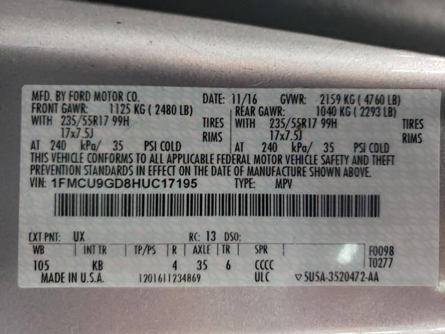 2017 Ford Escape Se მანქანა იყიდება აუქციონზე, vin: 1FMCU9GD8HUC17195, აუქციონის ნომერი: 66499273
