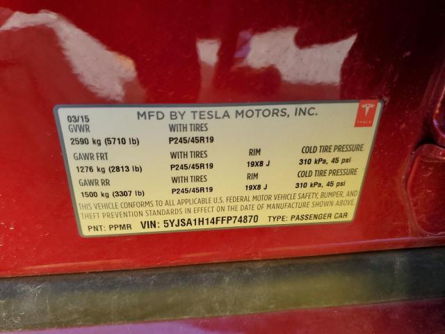 63611153 :رقم المزاد ، 5YJSA1H14FFP74870 vin ، 2015 Tesla Model S 85 مزاد بيع