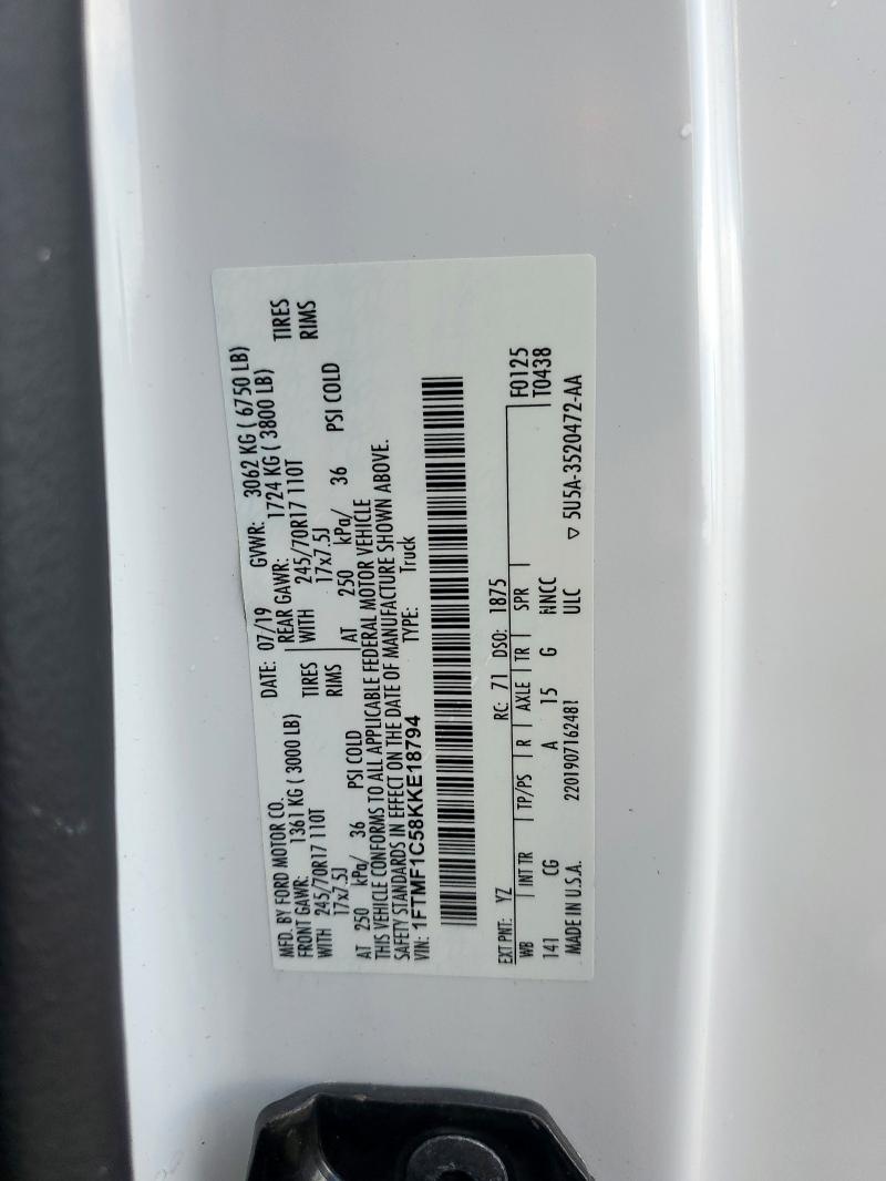 2019 Ford F150 მანქანა იყიდება აუქციონზე, vin: 1FTMF1C58KKE18794, აუქციონის ნომერი: 69795295