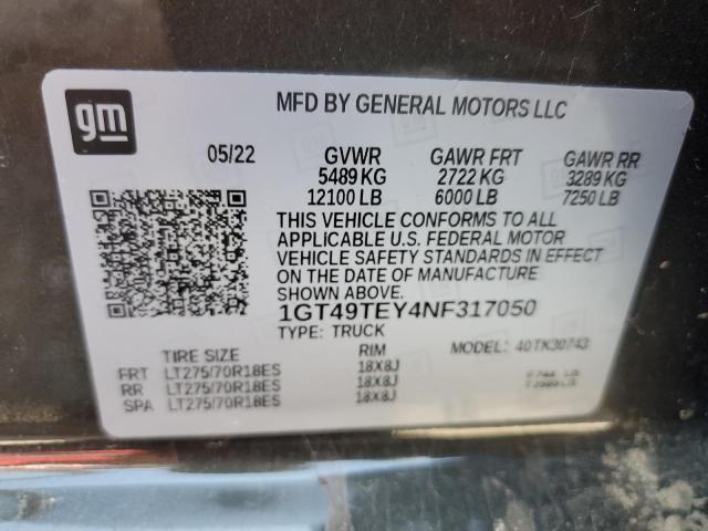 2022 Gmc Sierra მანქანა იყიდება აუქციონზე, vin: 1GT49TEY4NF317050, აუქციონის ნომერი: 52972826