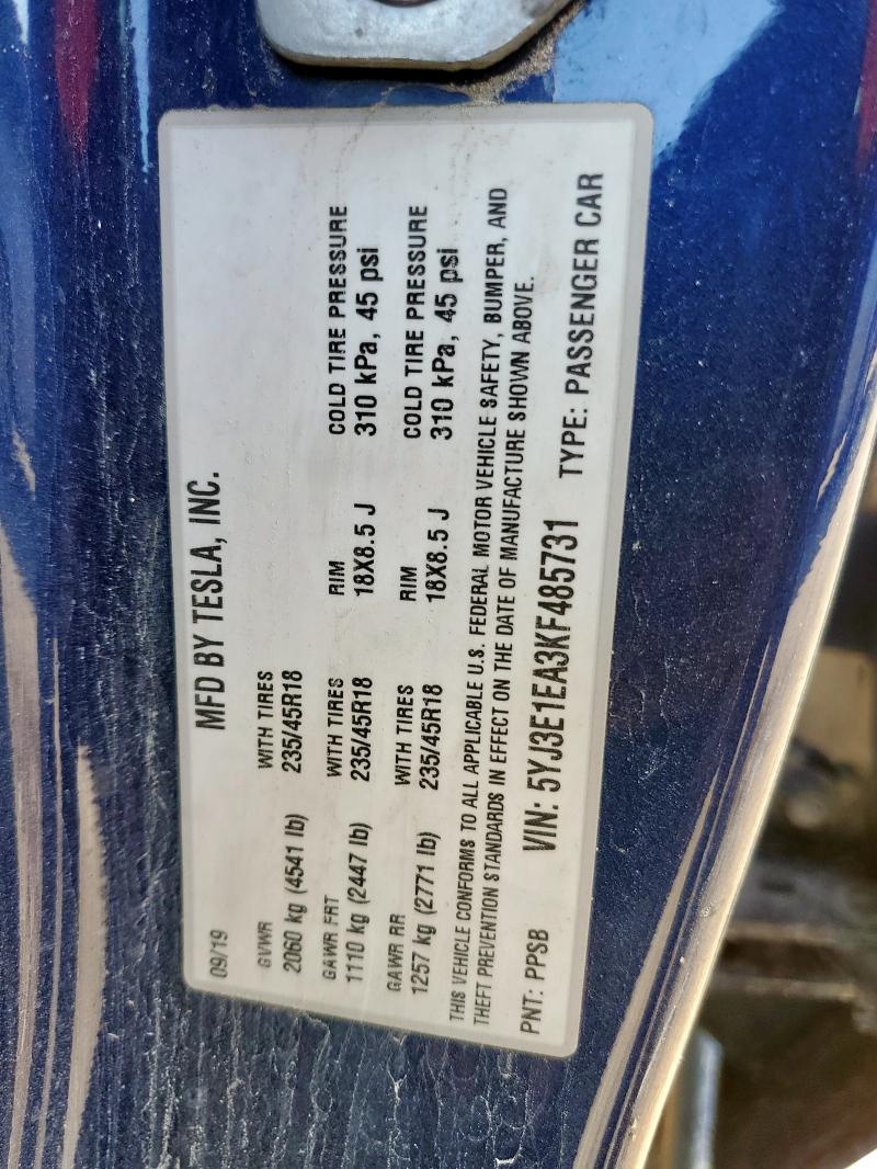 Aukcja sprzedaży 2019 Tesla Model 3, vin: 5YJ3E1EA3KF485731, numer aukcji: 68911935