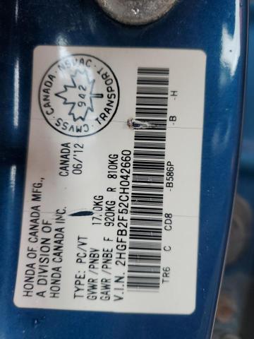 68172215 :رقم المزاد ، 2HGFB2F52CH042660 vin ، 2012 Honda Civic مزاد بيع