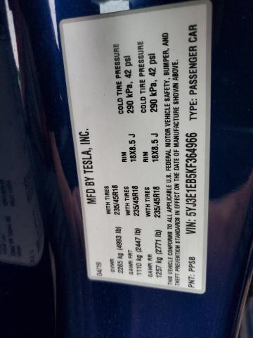 2019 Tesla Model 3 მანქანა იყიდება აუქციონზე, vin: 5YJ3E1EB5KF364966, აუქციონის ნომერი: 69658225