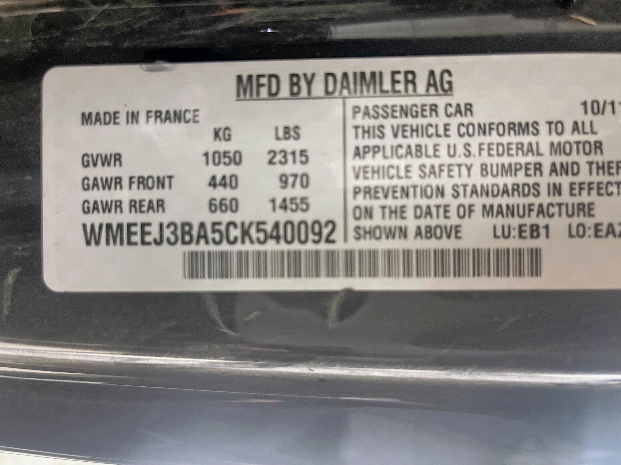 Aukcja sprzedaży 2012 Smart Fortwo Pur, vin: WMEEJ3BA5CK540092, numer aukcji: 68227055