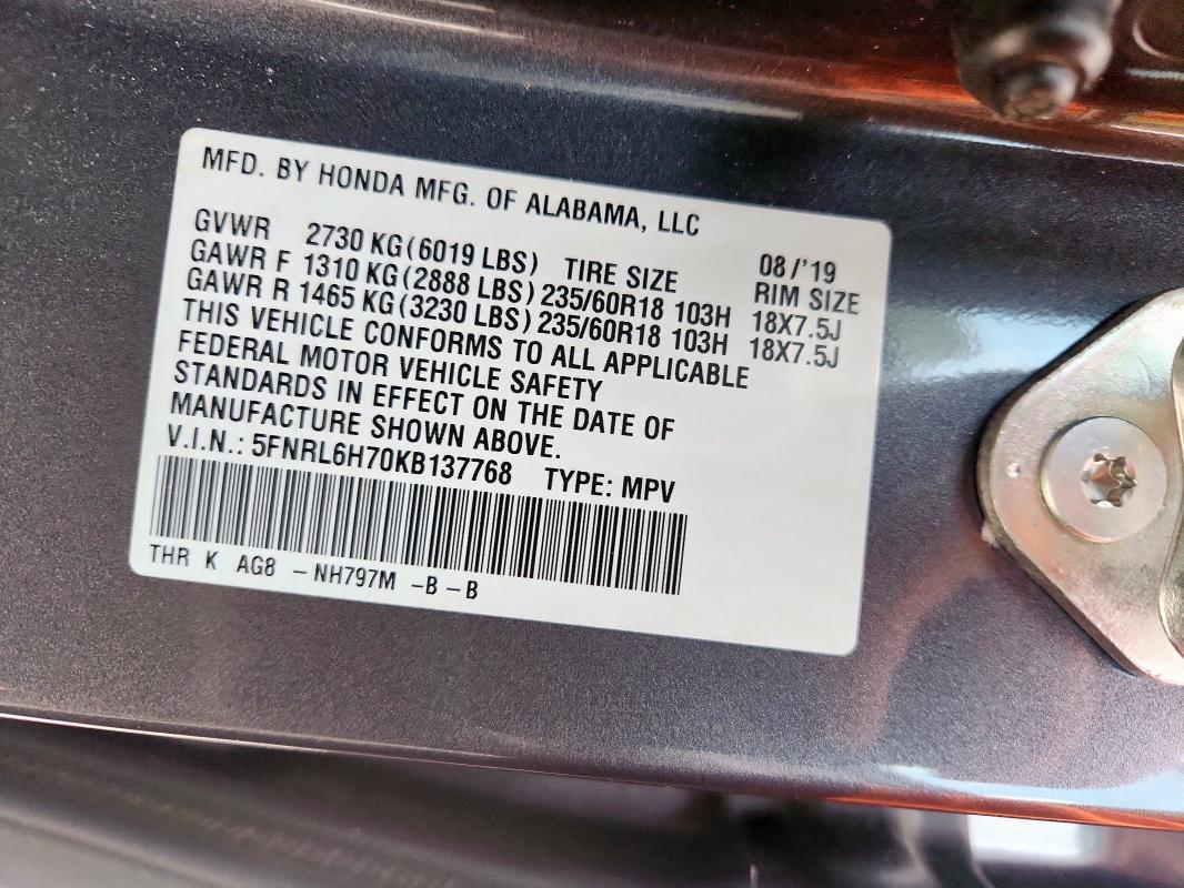 Auction sale of the 2019 Honda Odyssey Ex, vin: 5FNRL6H70KB137768, lot number: 67025805