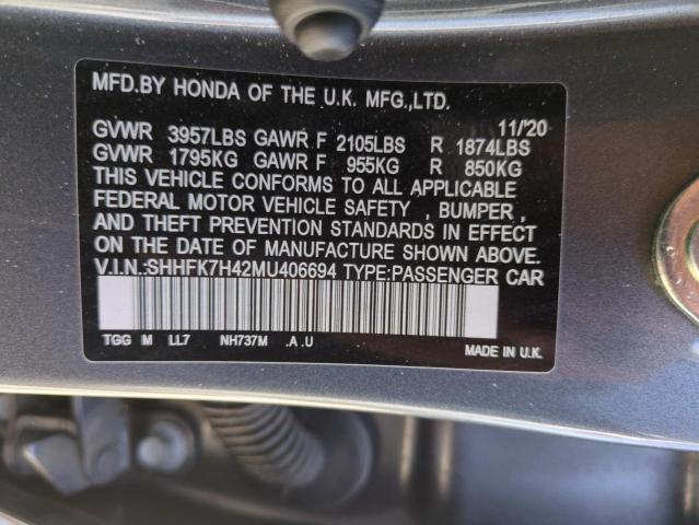 2021 Honda Civic Spor მანქანა იყიდება აუქციონზე, vin: SHHFK7H42MU406694, აუქციონის ნომერი: 68364065