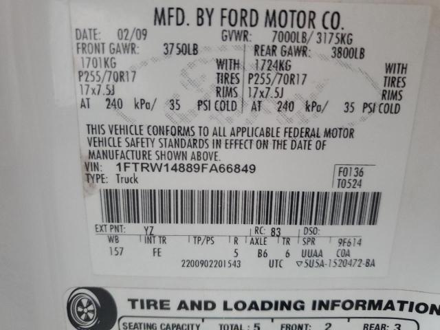 70030015 :رقم المزاد ، 1FTRW14889FA66849 vin ، 2009 Ford F150 Super مزاد بيع