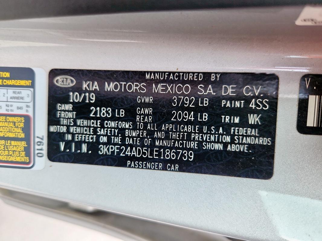 2020 Kia Forte მანქანა იყიდება აუქციონზე, vin: 3KPF24AD5LE186739, აუქციონის ნომერი: 70536415