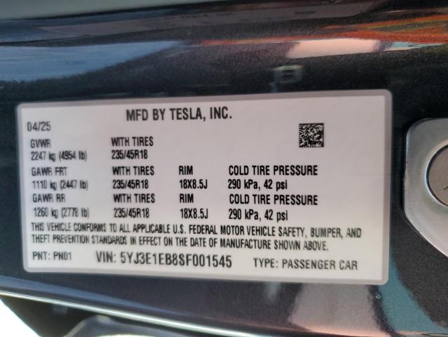 Продажа на аукционе авто 2025 Tesla Model 3, vin: 5YJ3E1EB8SF001545, номер лота: 68951275