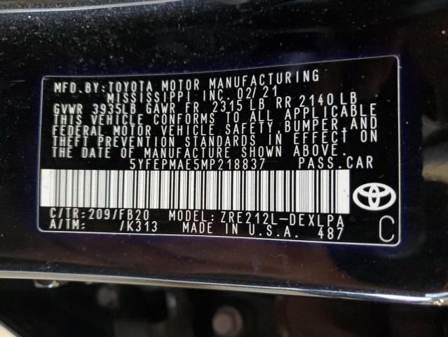 2021 Toyota Corolla Le მანქანა იყიდება აუქციონზე, vin: 5YFEPMAE5MP218837, აუქციონის ნომერი: 70051865