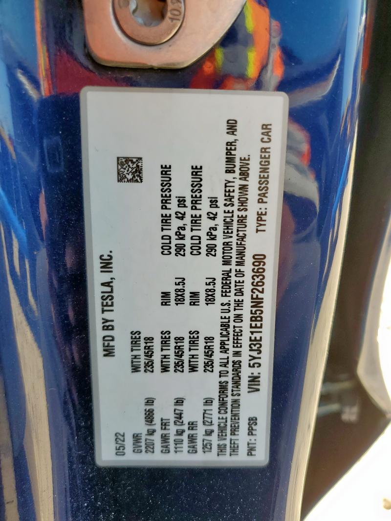 Продаж на аукціоні авто 2022 Tesla Model 3, vin: 5YJ3E1EB5NF263690, номер лоту: 69474245