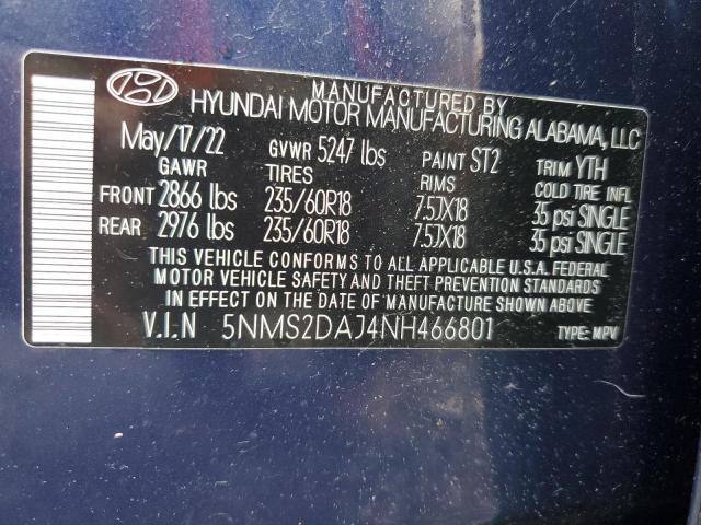 66447895 :رقم المزاد ، 5NMS2DAJ4NH466801 vin ، 2022 Hyundai Santa Fe Sel مزاد بيع