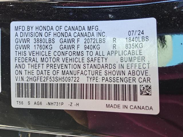 69649155 :رقم المزاد ، 2HGFE2F53SH509722 vin ، 2025 Honda Civic Spor مزاد بيع