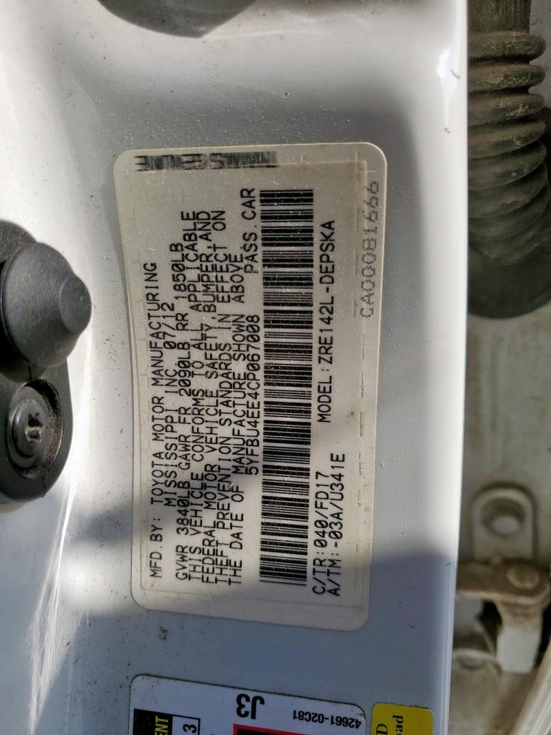 Продаж на аукціоні авто 2012 Toyota Corolla, vin: 5YFBU4EE4CP067008, номер лоту: 67634895